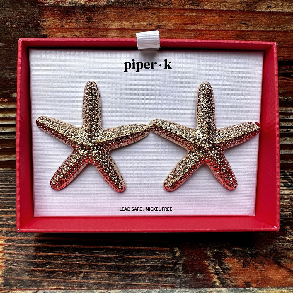 Piper K Starfish Earrings Gold Tone Post Kitschy Jewelry Coastal Wedding Guest